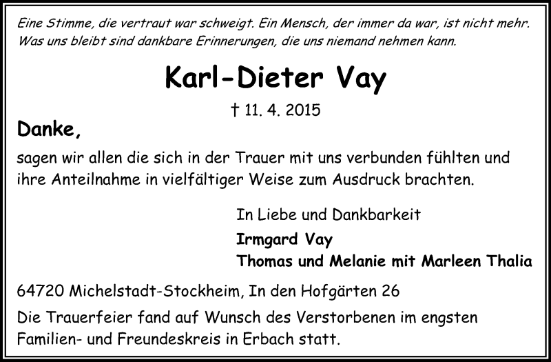  Traueranzeige für Karl-Dieter Vay vom 02.05.2015 aus Odenwälder Echo