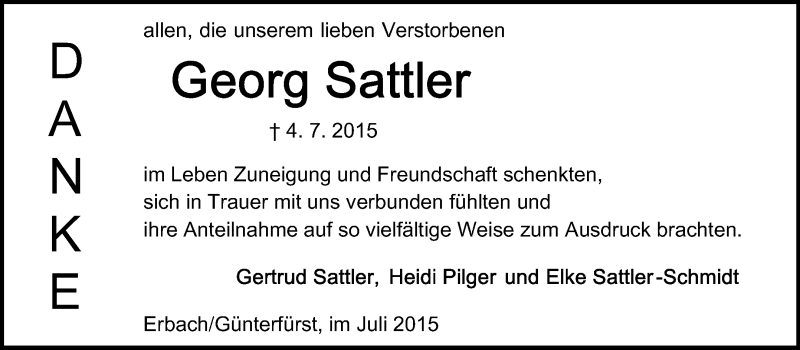  Traueranzeige für Georg Sattler vom 25.07.2015 aus Odenwälder Echo