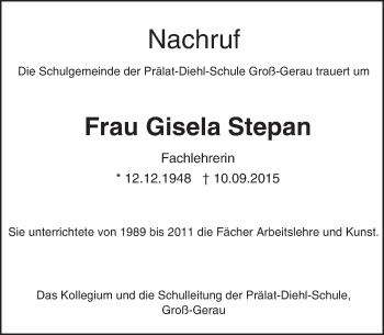 Traueranzeige von Gisela Stepan von trauer.echo-online.de