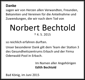 Traueranzeige von Norbert Bechtold von Odenwälder Echo