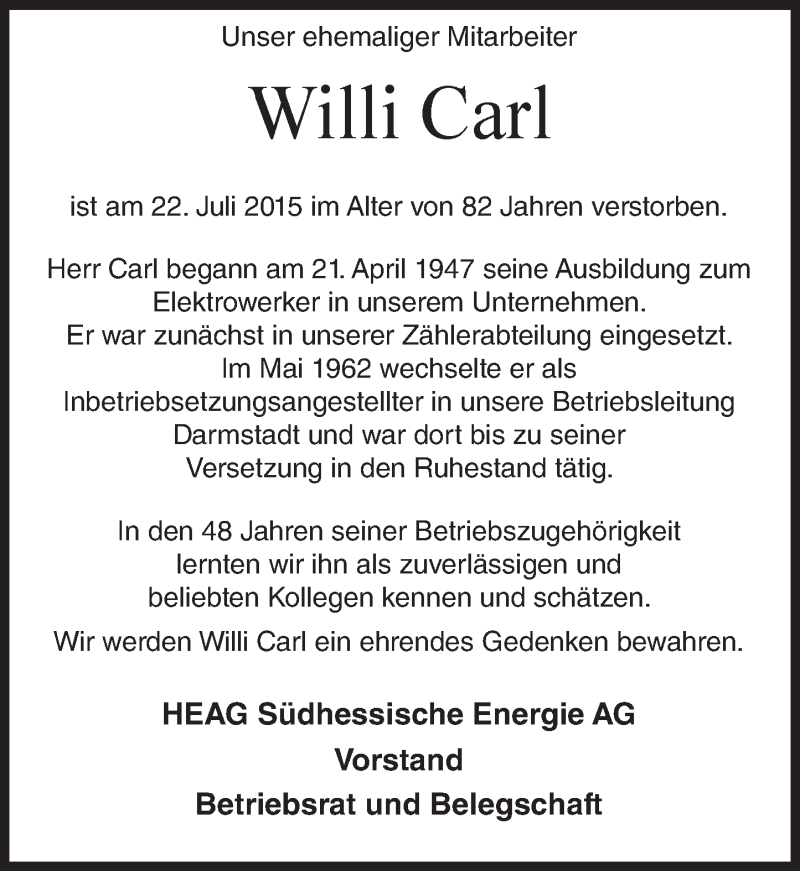  Traueranzeige für Willi Carl vom 01.08.2015 aus trauer.echo-online.de