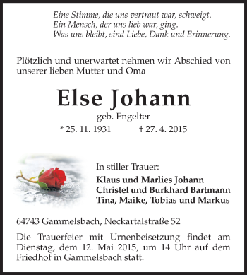 Traueranzeige von Else Johann von Odenwälder Echo