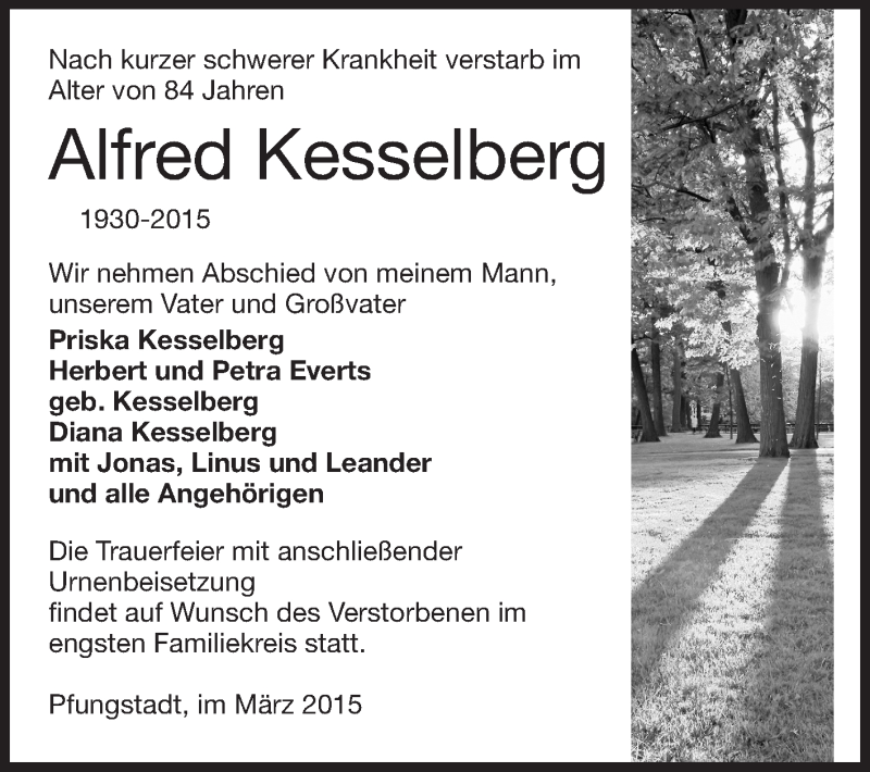  Traueranzeige für Alfred Kesselberg vom 14.03.2015 aus Echo-Zeitungen (Gesamtausgabe)