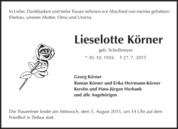 Traueranzeige von Lieselotte Körner von Rüsselsheimer Echo, Groß-Gerauer-Echo, Ried Echo