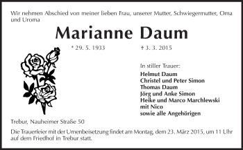 Traueranzeige von Marianne Daum von Rüsselsheimer Echo, Groß-Gerauer-Echo, Ried Echo