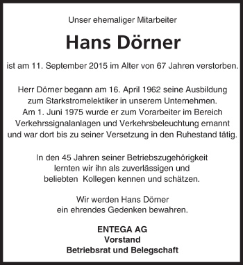 Traueranzeige von Hans Dörner von trauer.echo-online.de