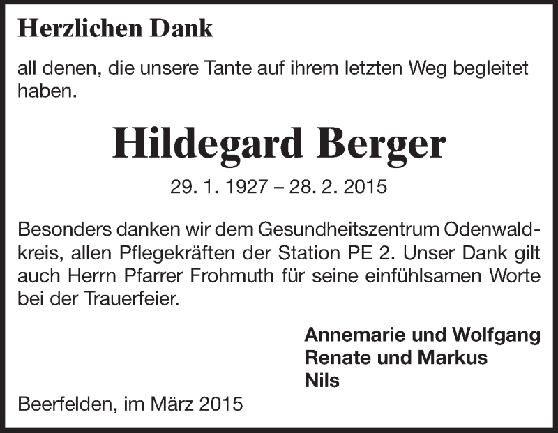  Traueranzeige für Hildegard Berger vom 21.03.2015 aus Odenwälder Echo