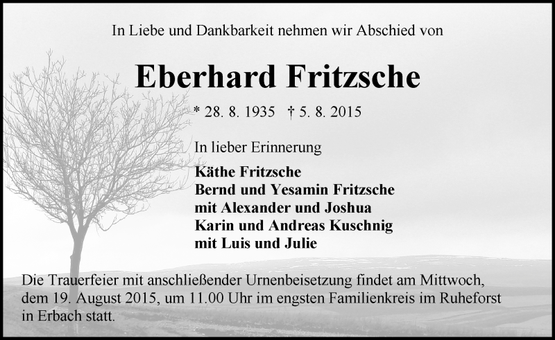 Traueranzeige für Eberhard Fritzsche vom 15.08.2015 aus trauer.echo-online.de