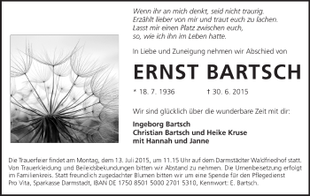 Traueranzeige von Ernst Bartsch von Echo-Zeitungen (Gesamtausgabe)