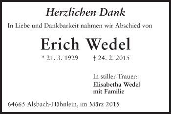 Traueranzeige von Erich Wedel von Echo-Zeitungen (Gesamtausgabe)