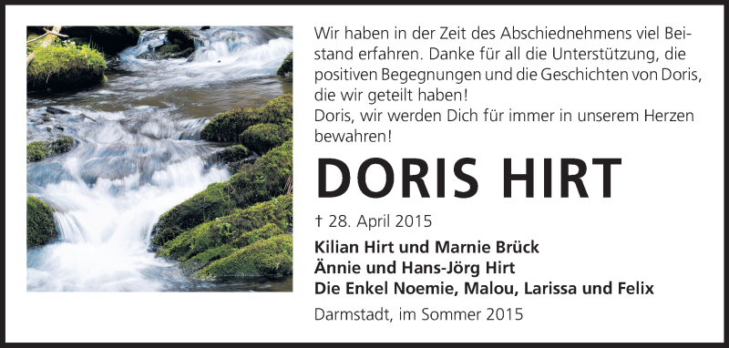 Traueranzeige für Doris Hirt vom 17.06.2015 aus Echo-Zeitungen (Gesamtausgabe)