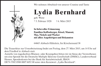 Traueranzeige von Lydia Bernhard von Echo-Zeitungen (Gesamtausgabe)