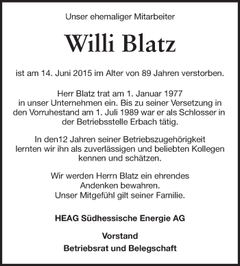 Traueranzeige von Willi Blatz von Echo-Zeitungen (Gesamtausgabe)