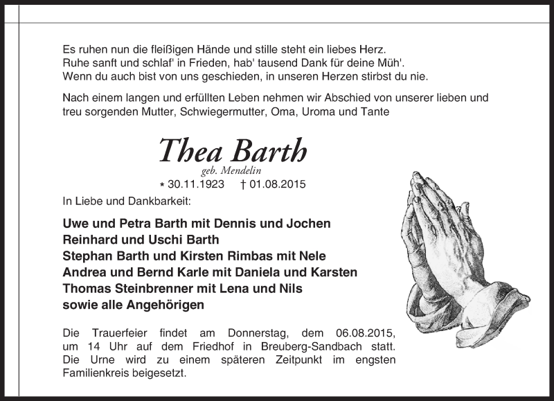 Traueranzeige für Thea Barth vom 04.08.2015 aus trauer.echo-online.de
