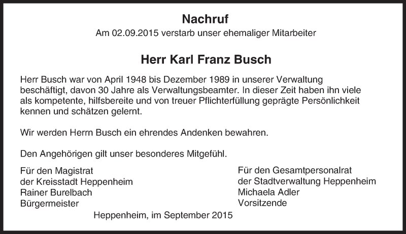  Traueranzeige für Karl Franz Busch vom 09.09.2015 aus trauer.echo-online.de