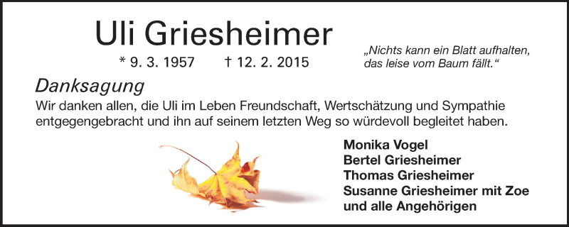  Traueranzeige für Uli Griesheimer vom 07.03.2015 aus Echo-Zeitungen (Gesamtausgabe)