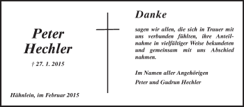 Traueranzeige von Peter Hechler von Echo-Zeitungen (Gesamtausgabe)