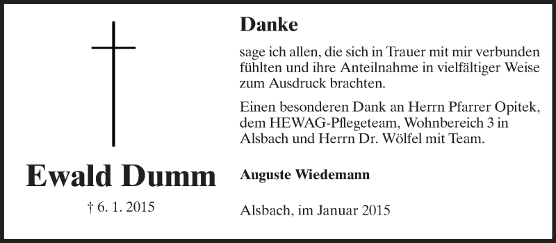  Traueranzeige für Ewald Dumm vom 24.01.2015 aus Echo-Zeitungen (Gesamtausgabe)