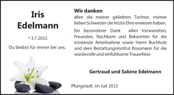 Traueranzeige von Iris Edelmann von Echo-Zeitungen (Gesamtausgabe)