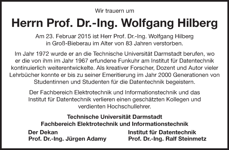  Traueranzeige für Wolfgang Hilberg vom 04.03.2015 aus Echo-Zeitungen (Gesamtausgabe)