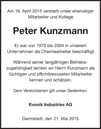 Traueranzeige von Peter Kunzmann von Echo-Zeitungen (Gesamtausgabe)