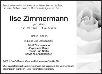 Traueranzeige von Ilse Zimmermann von Rüsselsheimer Echo, Groß-Gerauer-Echo, Ried Echo