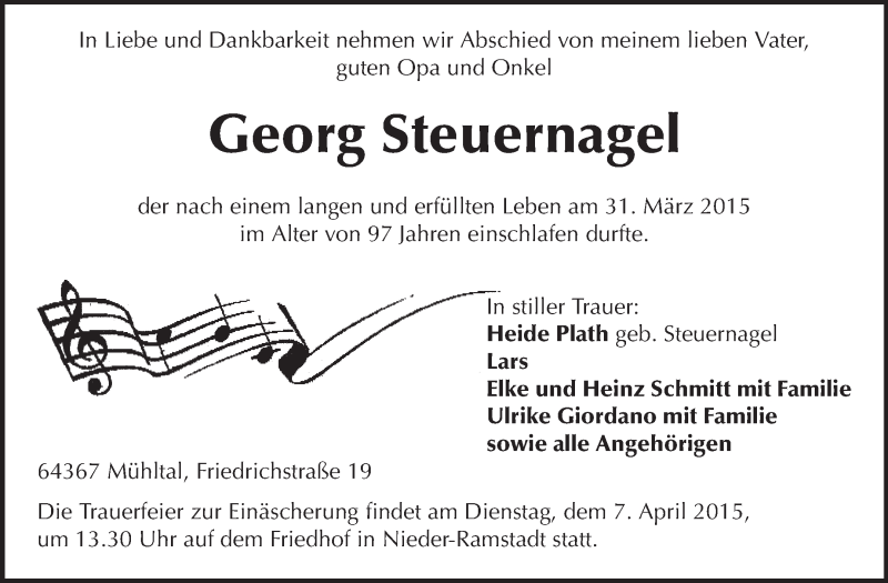  Traueranzeige für Georg Steuernagel vom 04.04.2015 aus Echo-Zeitungen (Gesamtausgabe)