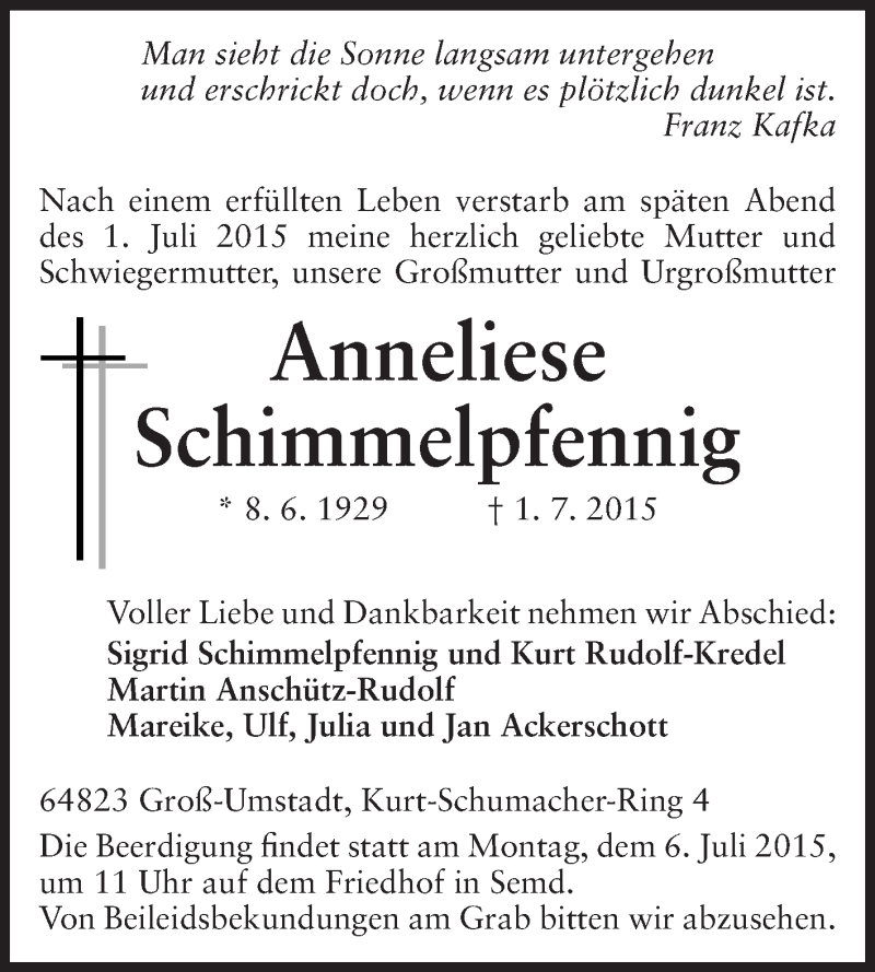  Traueranzeige für Anneliese Schimmelpfennig vom 04.07.2015 aus Echo-Zeitungen (Gesamtausgabe)