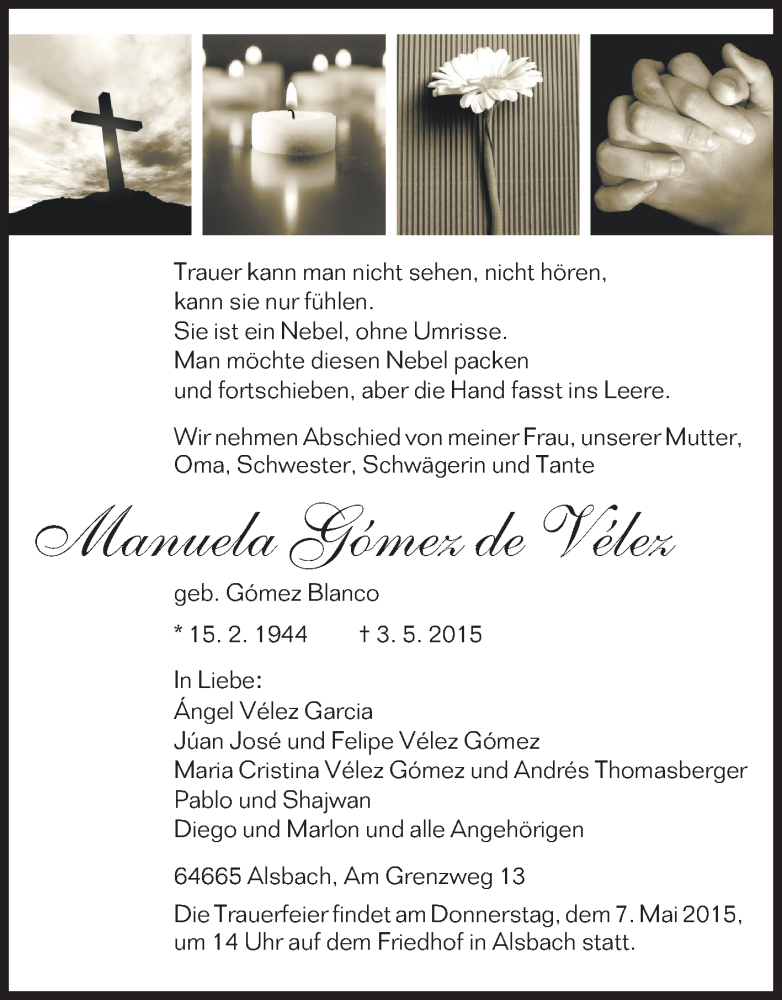  Traueranzeige für Manuela Gomes de Velez vom 05.05.2015 aus Echo-Zeitungen (Gesamtausgabe)