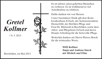 Traueranzeige von Gretel Kollmer von Odenwälder Echo
