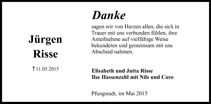  Traueranzeige für Jürgen Risse vom 13.06.2015 aus Echo-Zeitungen (Gesamtausgabe)