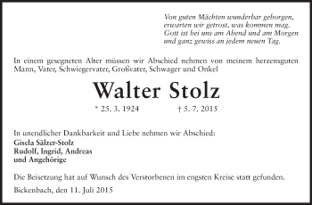 Traueranzeige von Walter Stolz von Echo-Zeitungen (Gesamtausgabe)