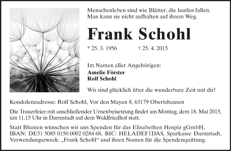  Traueranzeige für Frank Schohl vom 09.05.2015 aus Echo-Zeitungen (Gesamtausgabe)