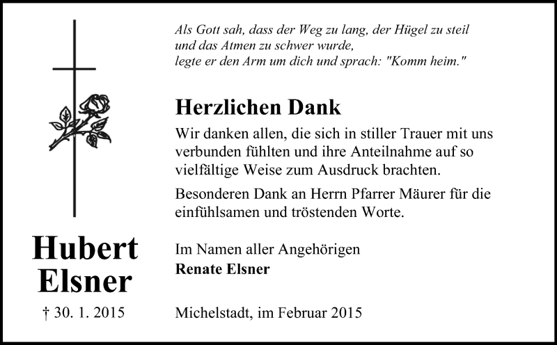  Traueranzeige für Hubert Elsner vom 28.02.2015 aus Odenwälder Echo