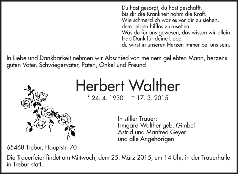  Traueranzeige für Herbert Walther vom 23.03.2015 aus Rüsselsheimer Echo, Groß-Gerauer-Echo, Ried Echo