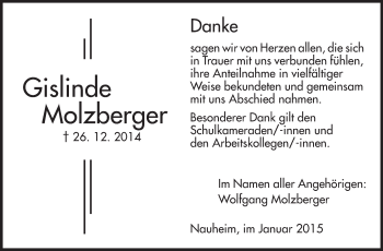 Traueranzeige von Gislinde Molzberger von Rüsselsheimer Echo, Groß-Gerauer-Echo, Ried Echo