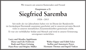 Traueranzeige von Siegfried Saremba von Echo-Zeitungen (Gesamtausgabe)