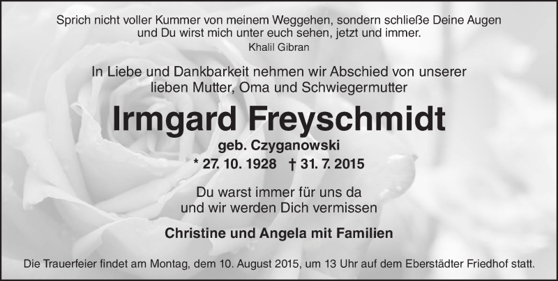  Traueranzeige für Irmgard Freyschmidt vom 05.08.2015 aus trauer.echo-online.de