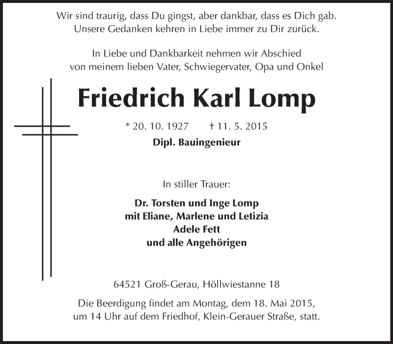  Traueranzeige für Friedrich Karl Lomp vom 15.05.2015 aus Rüsselsheimer Echo, Groß-Gerauer-Echo, Ried Echo
