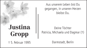 Traueranzeige von Justina Gropp von Echo-Zeitungen (Gesamtausgabe)