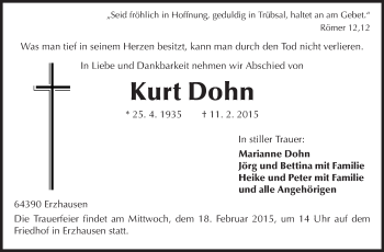 Traueranzeige von Kurt Dohn von Echo-Zeitungen (Gesamtausgabe)