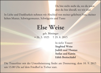 Traueranzeige von Else Weise von trauer.echo-online.de