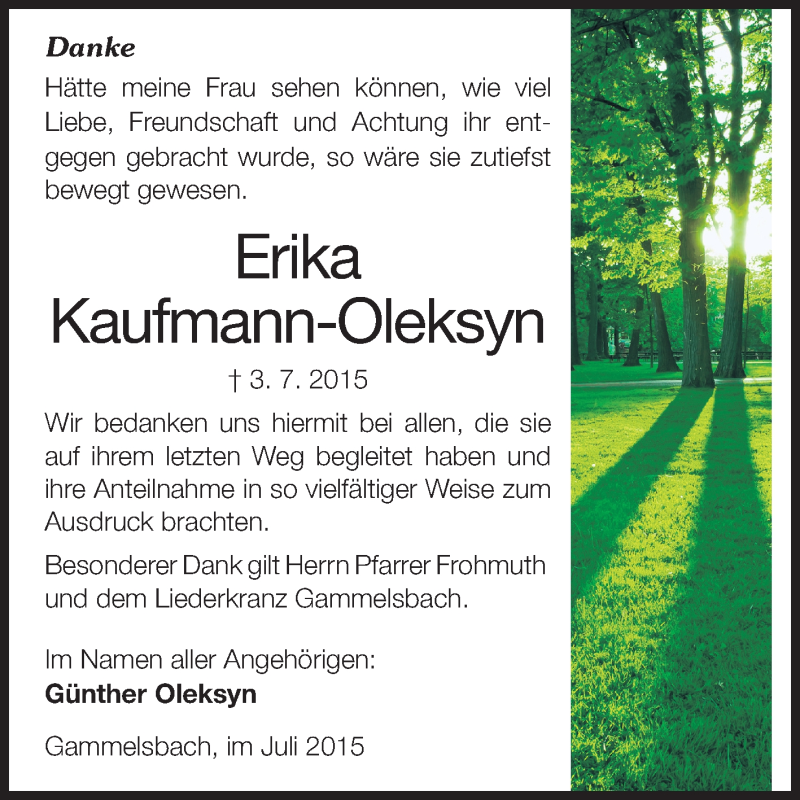  Traueranzeige für Erika Kaufmann-Oleksyn vom 24.07.2015 aus Odenwälder Echo