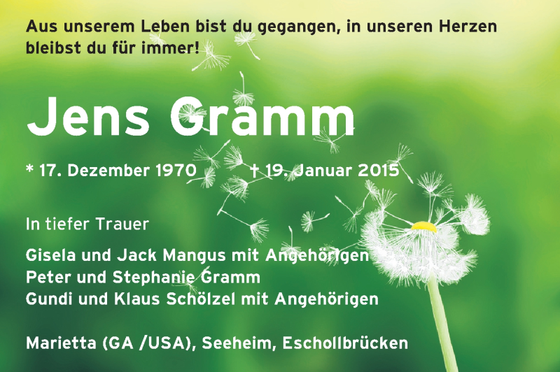  Traueranzeige für Jens Gramm vom 28.01.2015 aus Echo-Zeitungen (Gesamtausgabe)
