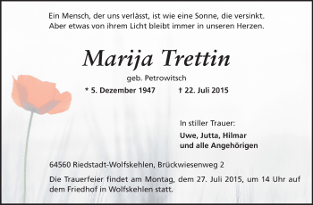 Traueranzeige von Marija Trettin von Rüsselsheimer Echo, Groß-Gerauer-Echo, Ried Echo