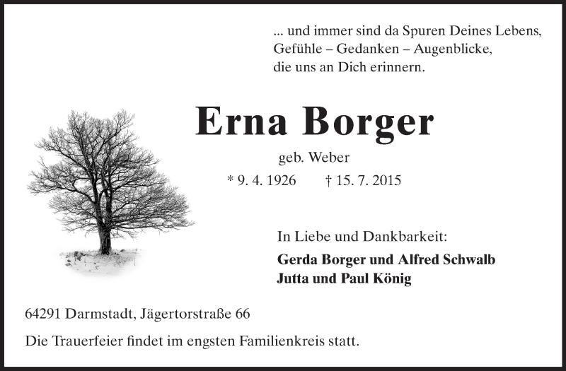  Traueranzeige für Erna Borger vom 18.07.2015 aus Echo-Zeitungen (Gesamtausgabe)