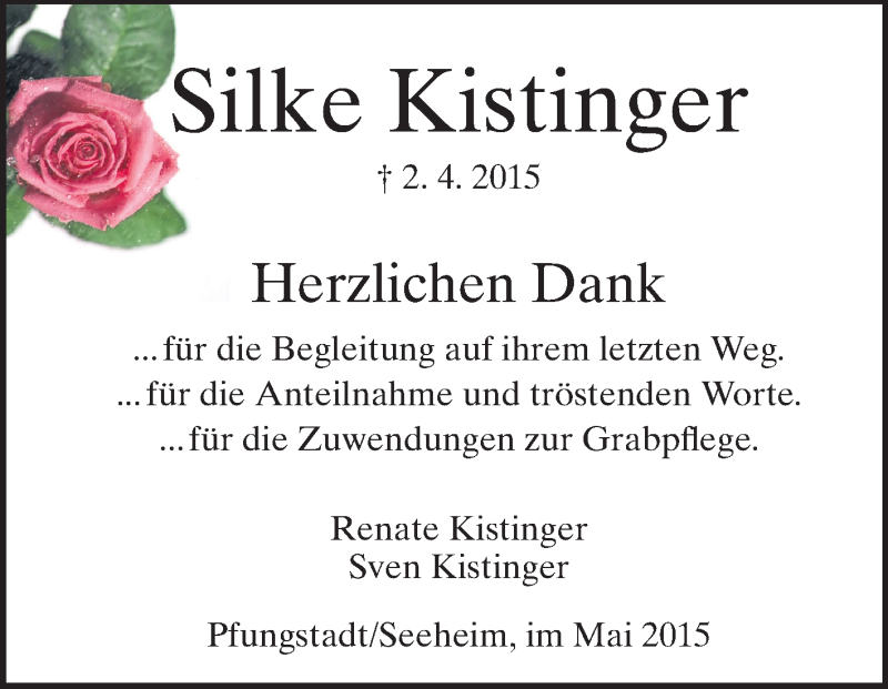  Traueranzeige für Silke Kistinger vom 02.05.2015 aus Echo-Zeitungen (Gesamtausgabe)