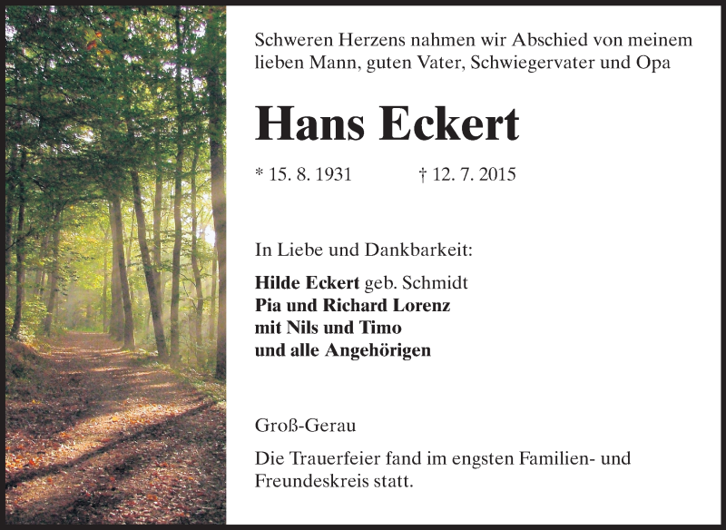  Traueranzeige für Hans Eckert vom 21.07.2015 aus Rüsselsheimer Echo, Groß-Gerauer-Echo, Ried Echo
