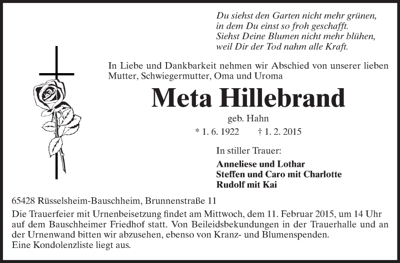  Traueranzeige für Meta Hillebrand vom 06.02.2015 aus Rüsselsheimer Echo, Groß-Gerauer-Echo, Ried Echo