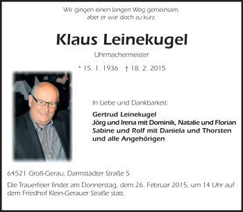 Traueranzeige von Klaus Leinekugel von Rüsselsheimer Echo, Groß-Gerauer-Echo, Ried Echo